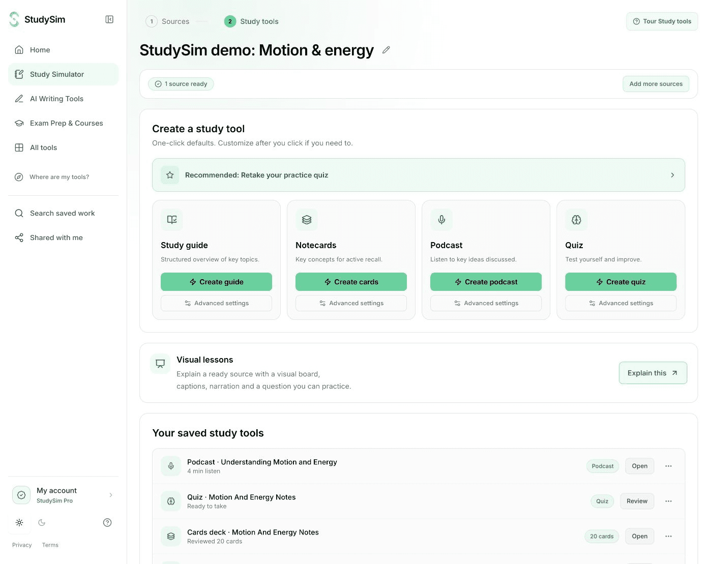 StudySim demo course with sources and saved study materials