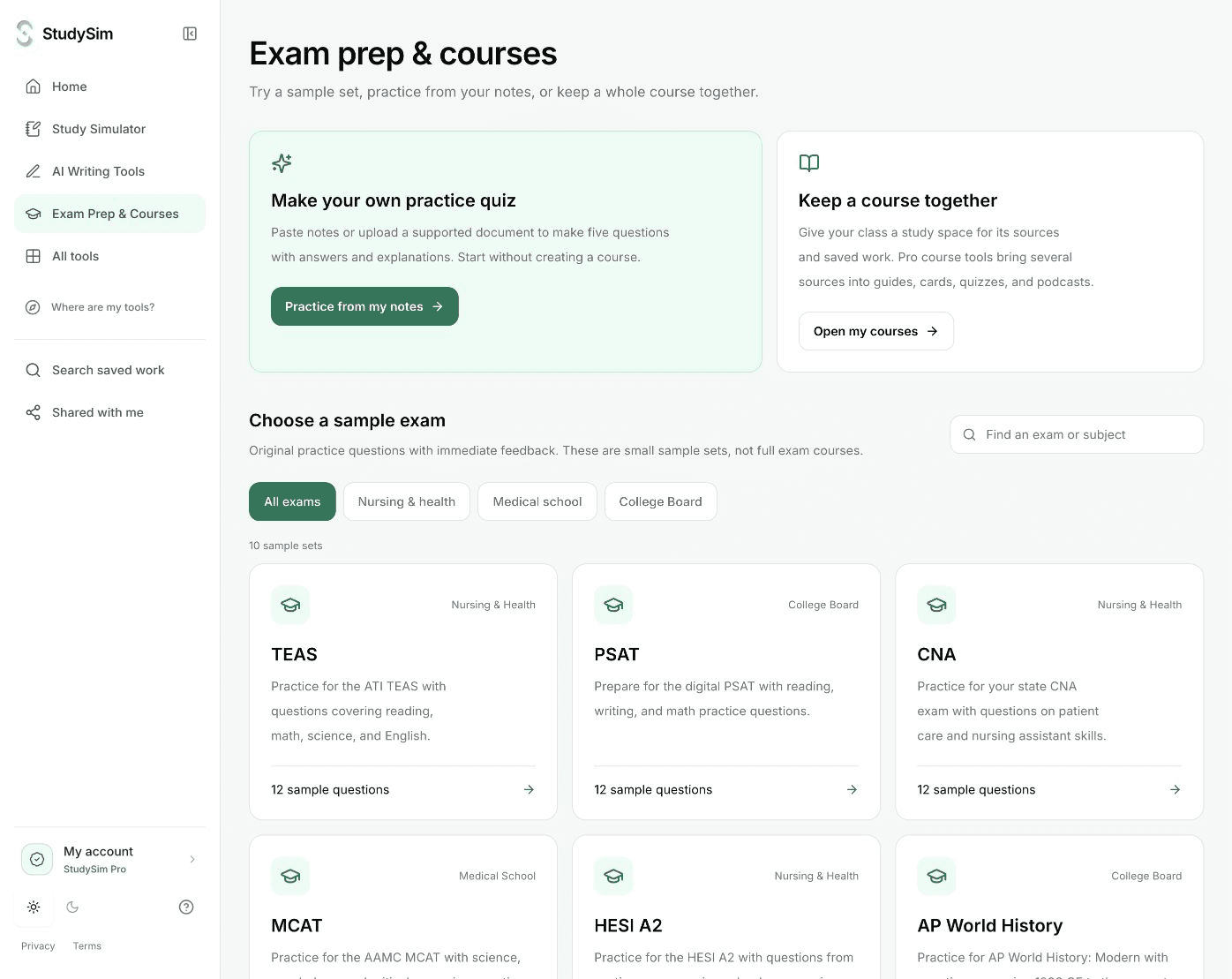 The real StudySim exam-prep catalog with available practice tests