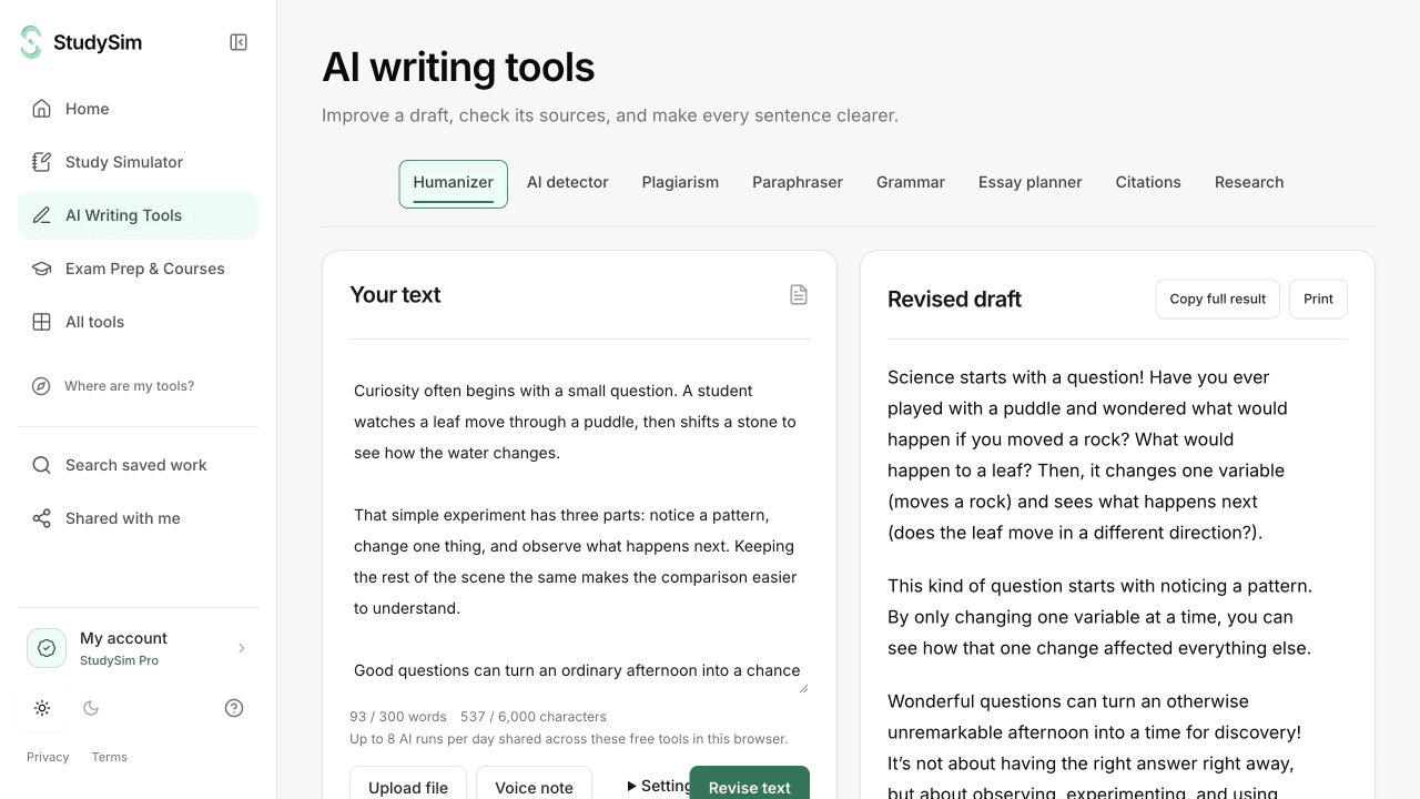 StudySim writing tools with an editable source and a formatted result